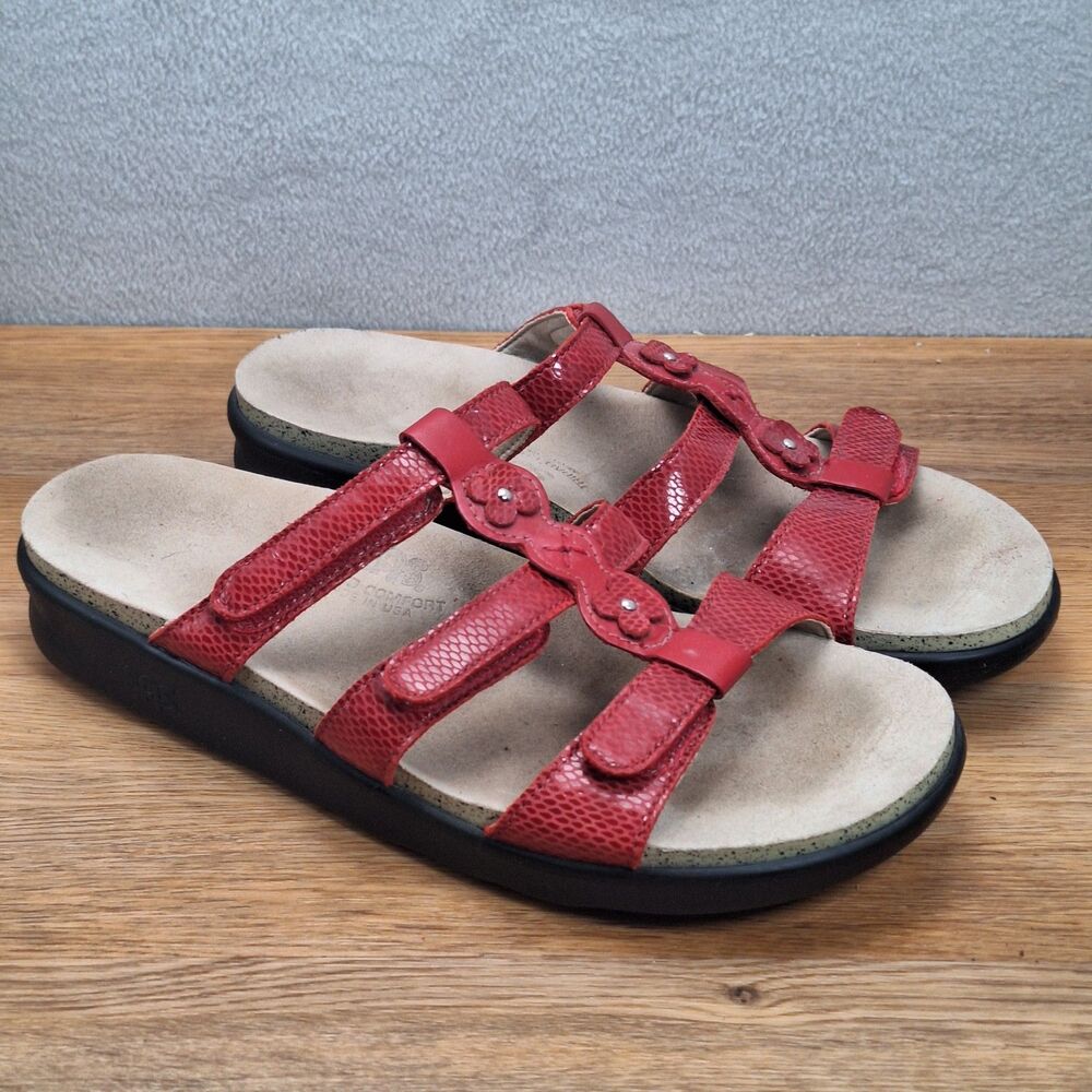 SAS Naples Slide Sandal Women’s 8 Red Leather Comfort Adjustable USA Snakeskin